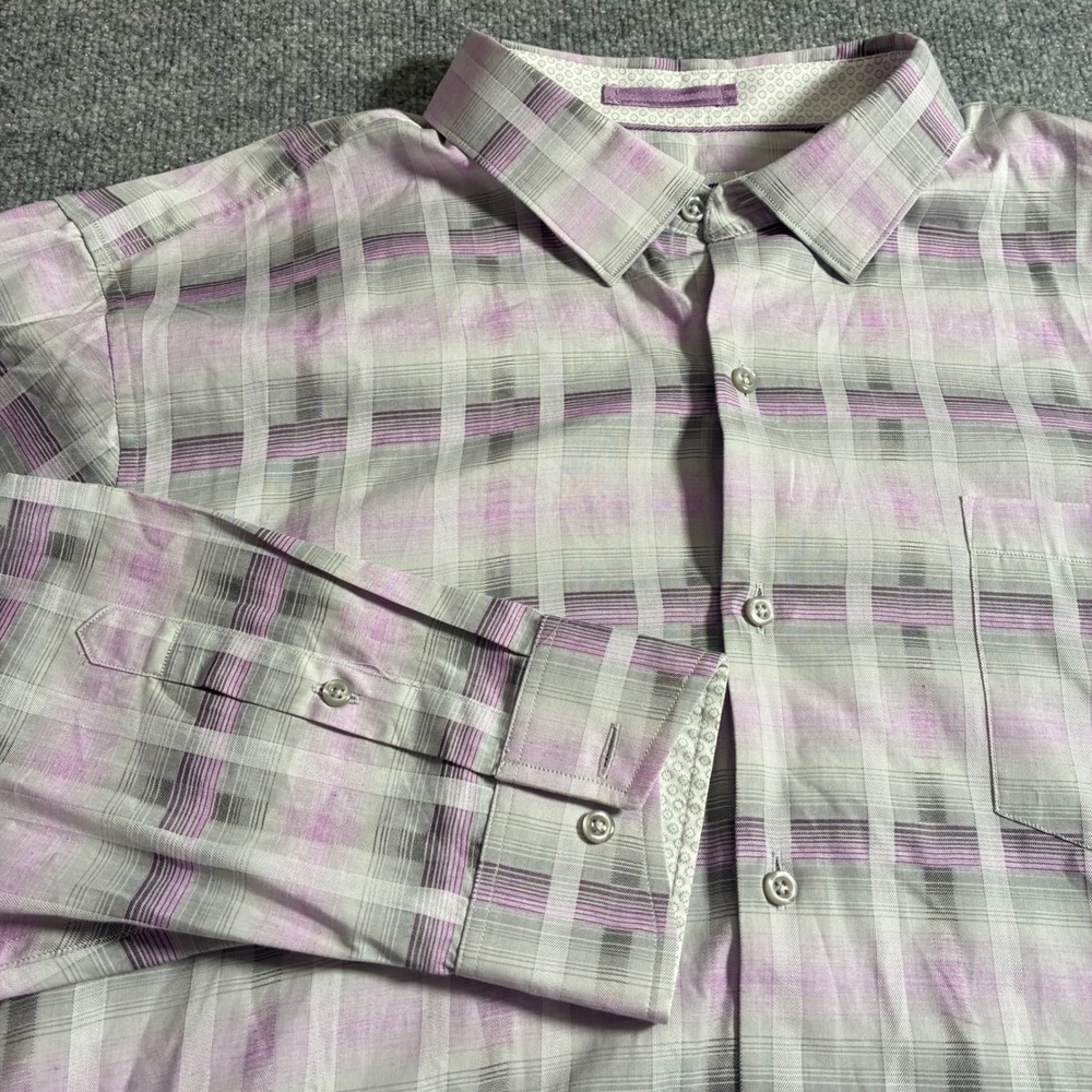 Tommy Bahama Plaid Shirt Mens XXL Purple Grey Cotton Silk Blend Long Sleeve
